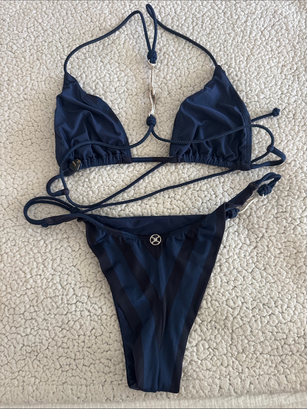 Striped Navy Triangle String Bikini Set. - Picture 2 of 2